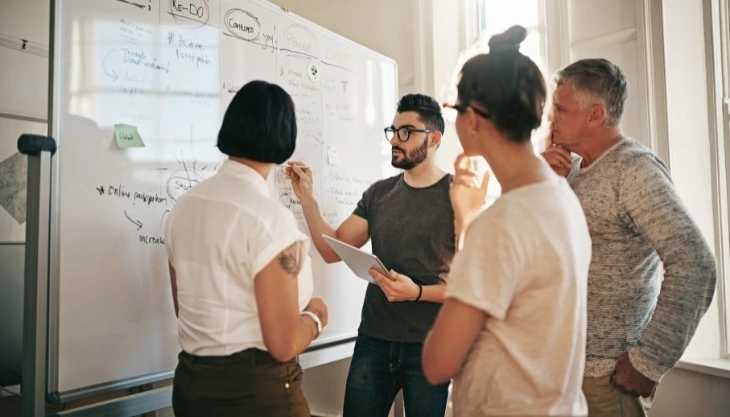 Team at AdCrest discussing advertising strategy and campaign planning for business growth