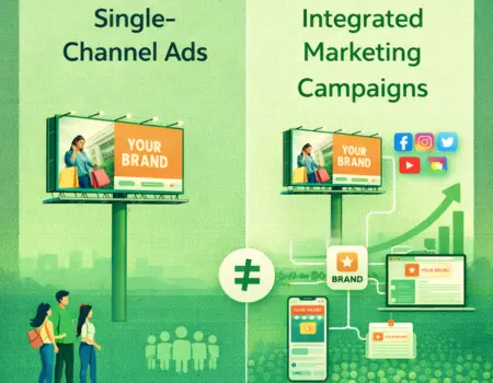 Integrated marketing campaigns vs single channel ads comparison showing cross-channel advertising and improved advertising effectiveness.